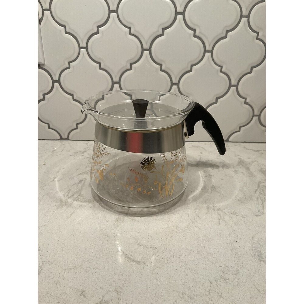 Douglas Flameproof Glass Coffee Pot Gold Wheat Long Black Handle Vintage